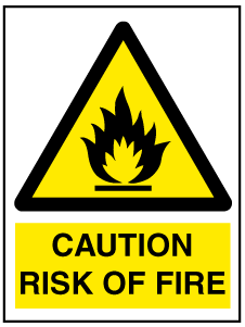 A clear image of Caution Risk of Fire with words Label from Fine Cut Labels Direct