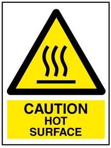A clear image of Caution Hot Surface with words Label from Fine Cut Labels Direct