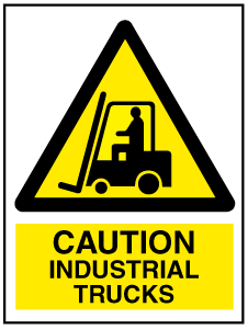 A clear image of Caution Industrial Trucks with words Label from Fine Cut Labels Direct