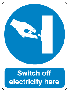 A clear image of Switch Off Electricity Here Label from Fine Cut Labels Direct