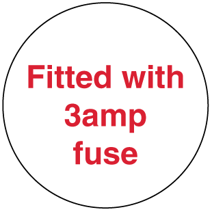 A clear image of Fitted with 3 amp fuse Label from Fine Cut Labels Direct