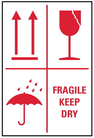 A clear image of Fragile Keep Dry - Red Label from Fine Cut Labels Direct