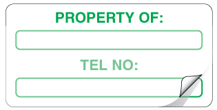 A clear image of Property of: Tel No Label from Fine Cut Labels Direct