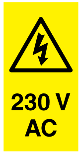 A clear image of 230V AC Portrait Label from Fine Cut Labels Direct