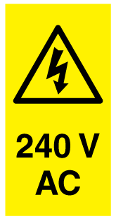 A clear image of 240V AC Portrait Label from Fine Cut Labels Direct