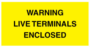 A clear image of Warning Live Terminals Enclosed Label from Fine Cut Labels Direct
